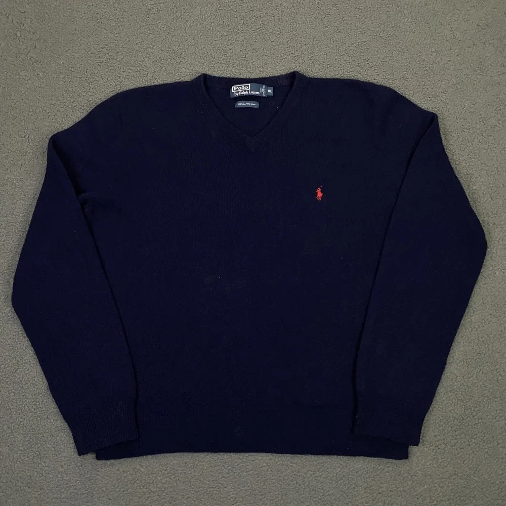 Vintage Polo Ralph Lauren Sweater Mens XL Blue Lambswool V-Neck Pullover Pony